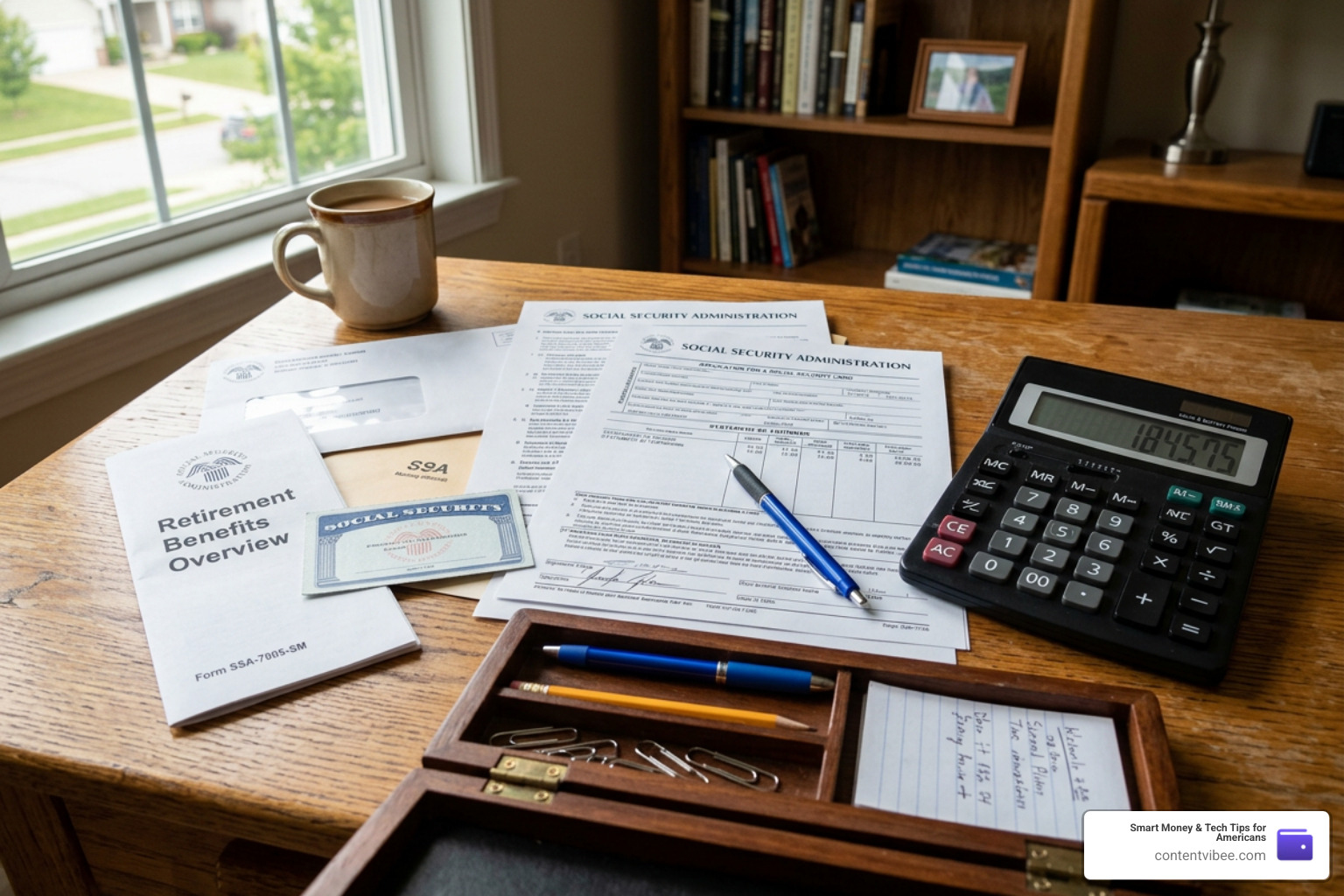 calculator and Social Security documents