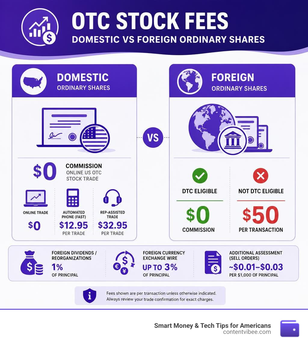 Infographic comparing Fidelity OTC stock fees: domestic vs foreign ordinary shares, DTC vs non-DTC infographic