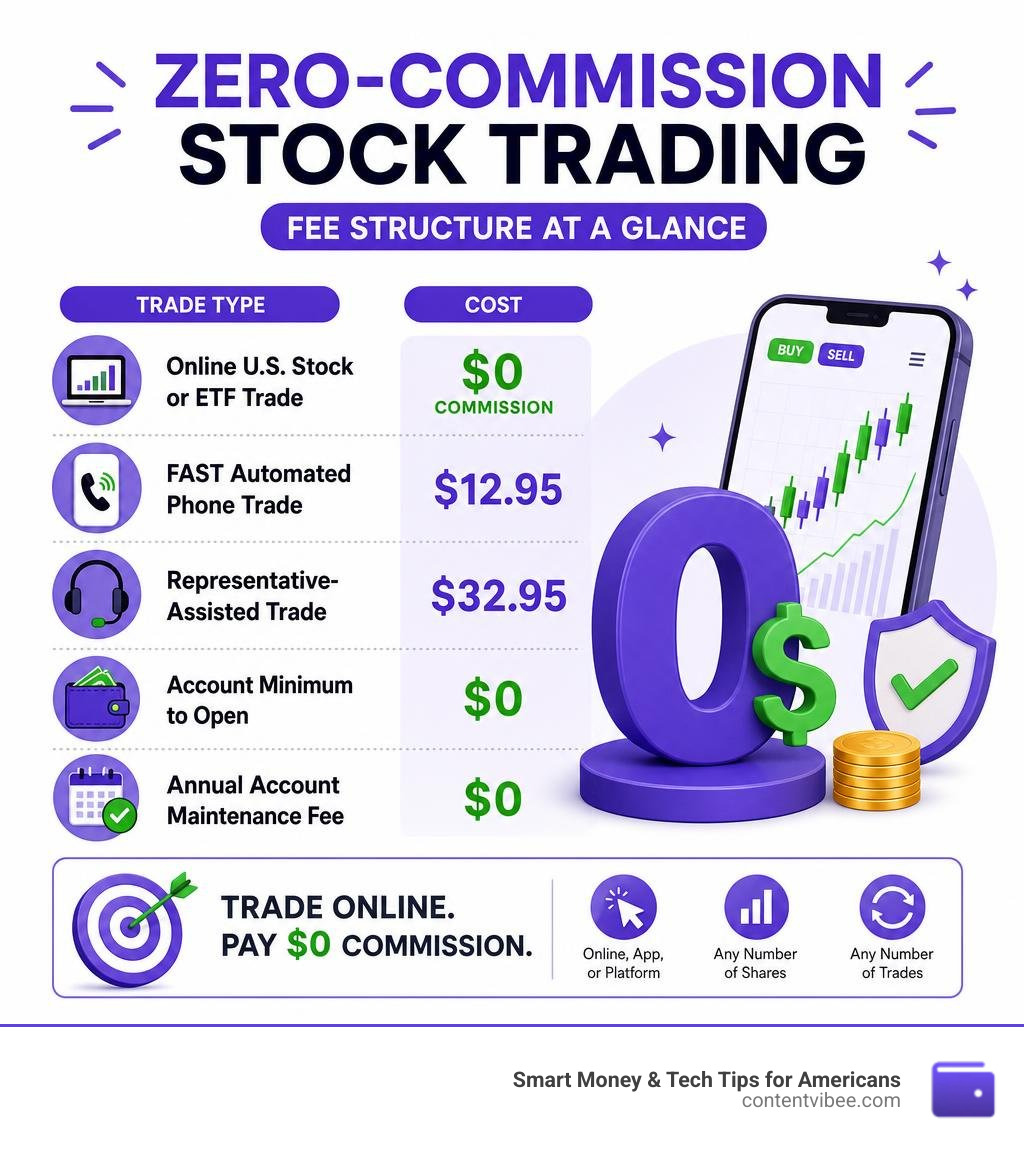 Fidelity zero-commission stock trading fee structure infographic with trade types and costs infographic