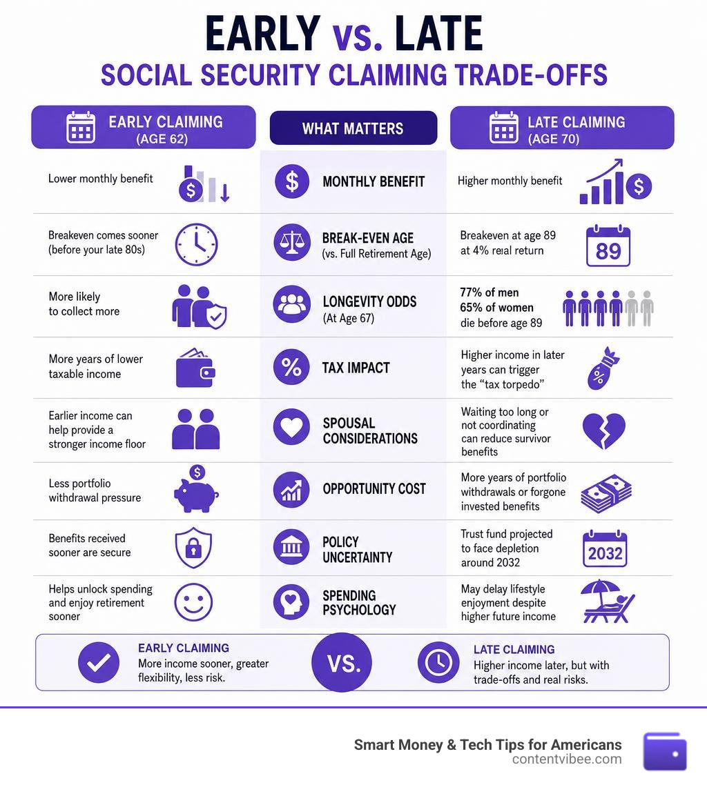Infographic comparing early vs. late Social Security claiming trade-offs including break-even age, tax impact, and longevity