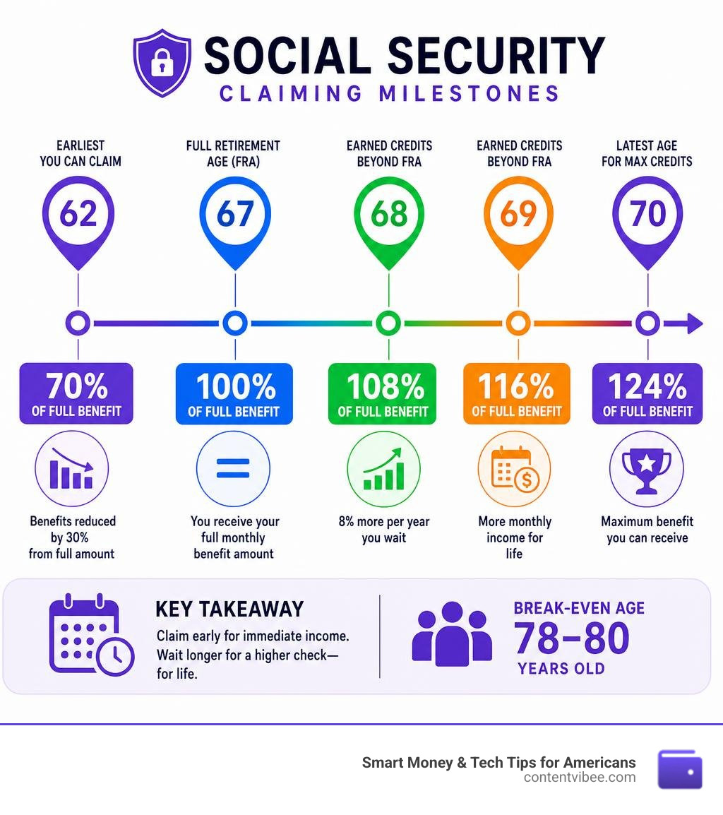 Timeline infographic of Social Security claiming milestones from age 62 to 70 with benefit percentages infographic