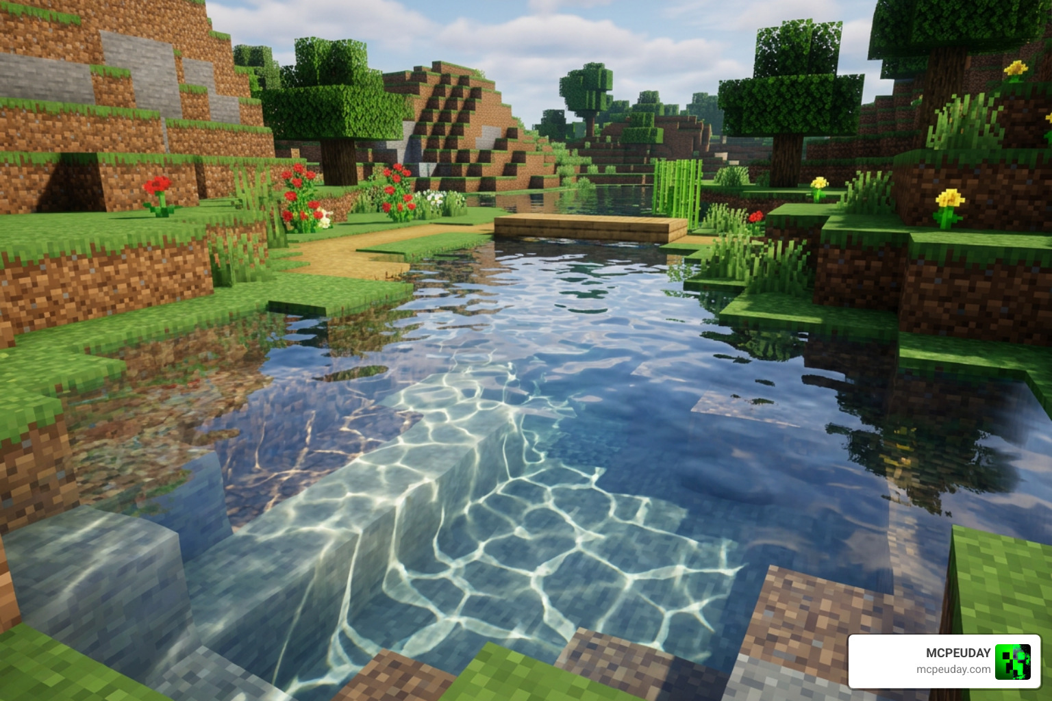 Realistic water reflections in Minecraft Bedrock using Better Vibrant Visuals Shader