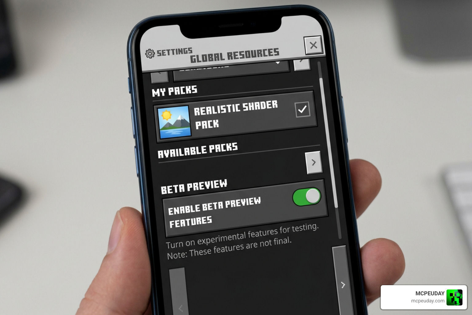 Minecraft Bedrock settings menu with global resources and beta preview enabled