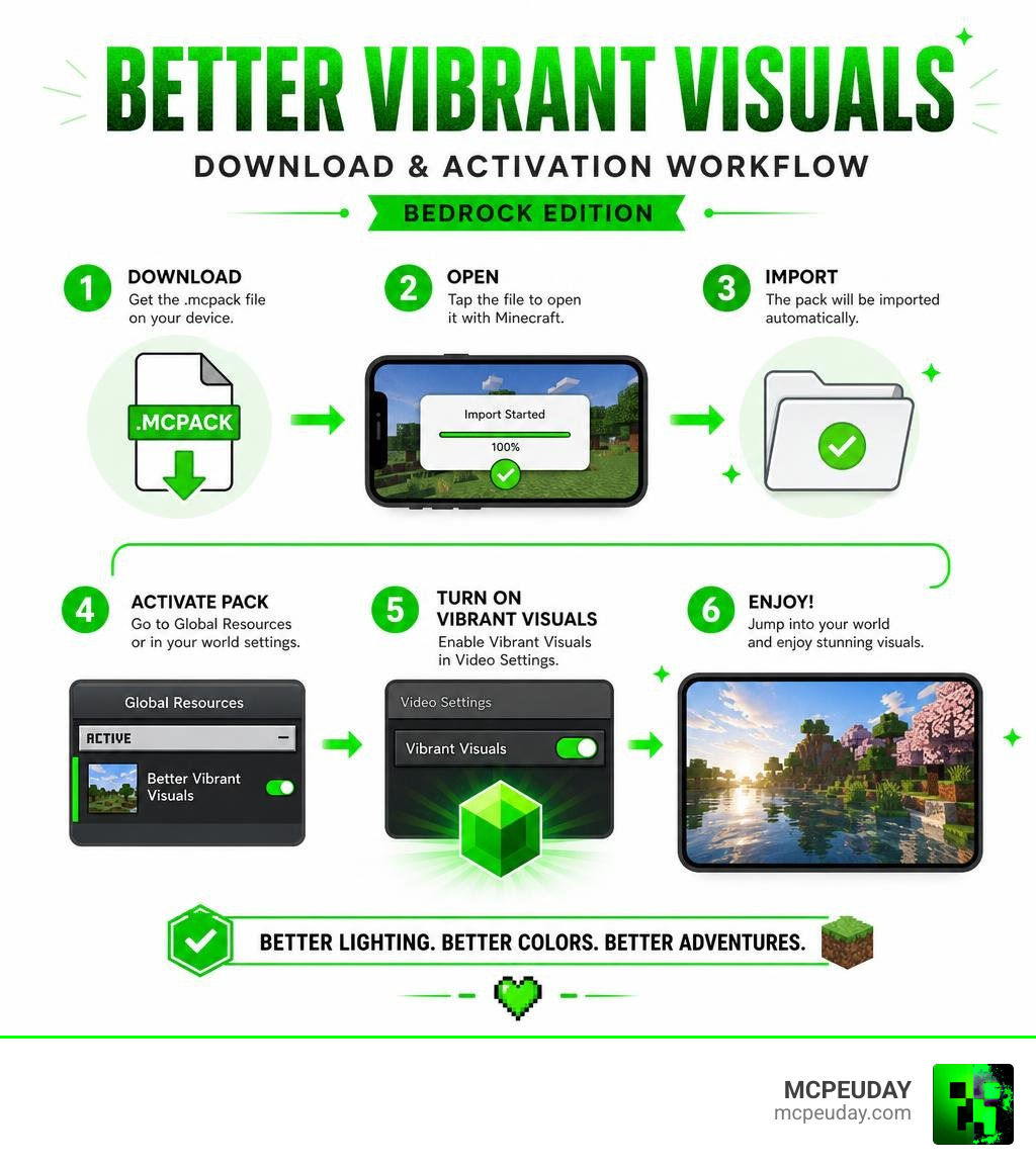 Infographic showing Better Vibrant Visuals download and activation workflow steps for Bedrock Edition infographic