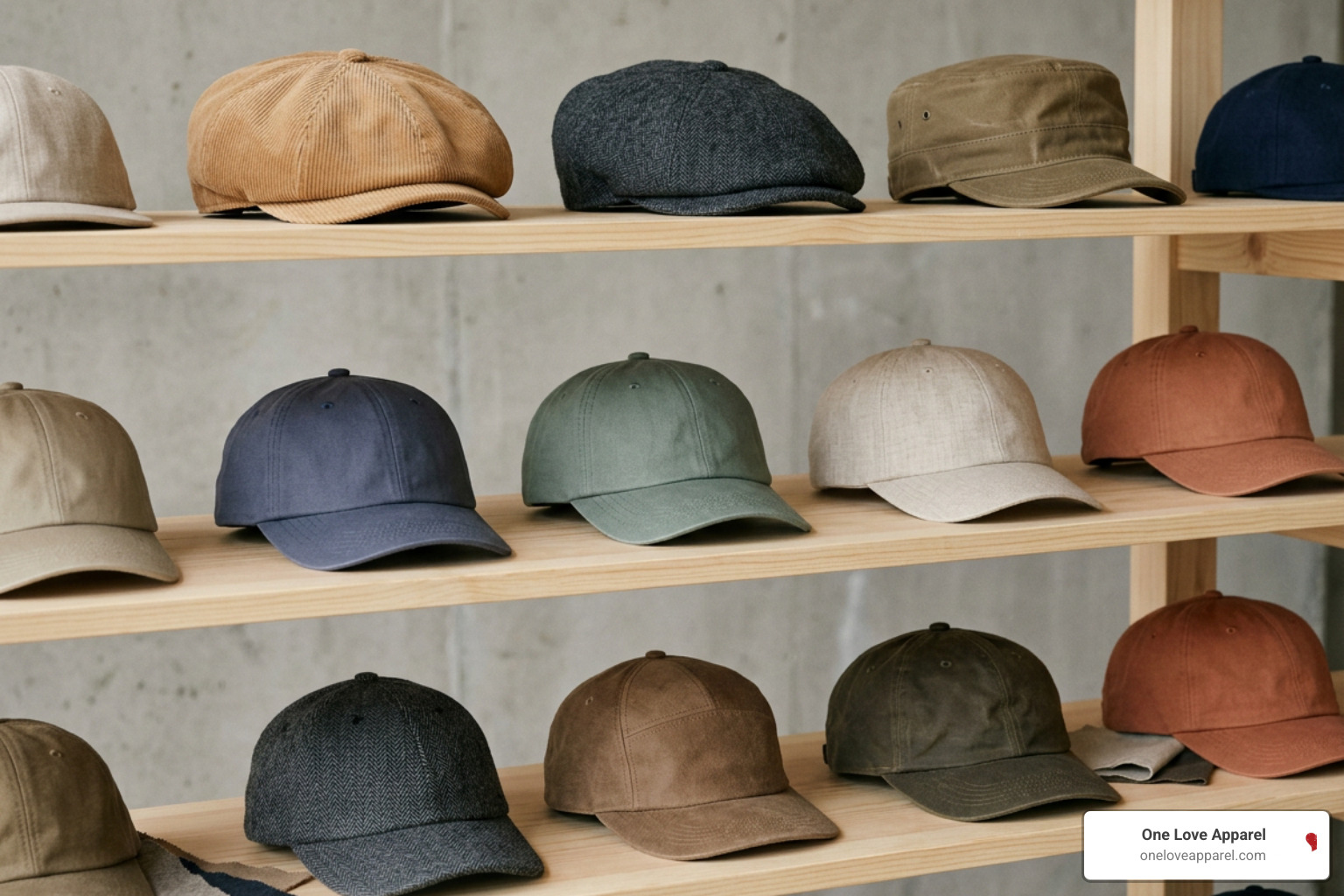 A collection of modern minimalist and heritage men's caps in earth tones