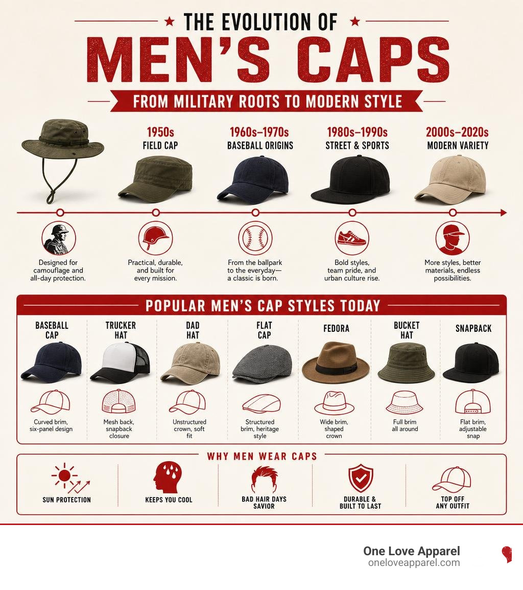 Infographic showing the history and styles of men's caps from military boonies to modern baseball caps infographic