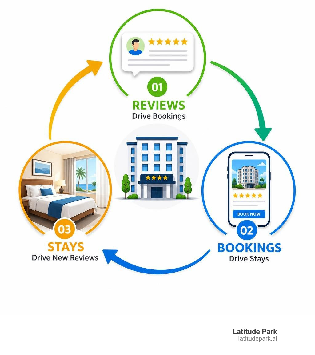 Hotel reputation management flywheel: reviews drive bookings, bookings drive stays, stays drive new reviews infographic Hotel reputation management flywheel: reviews drive bookings, bookings drive stays, stays drive new reviews infographic