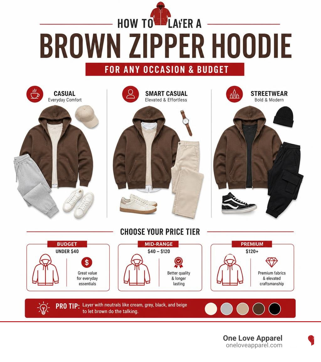 Infographic showing how to layer a brown zipper hoodie for different occasions and price tiers infographic