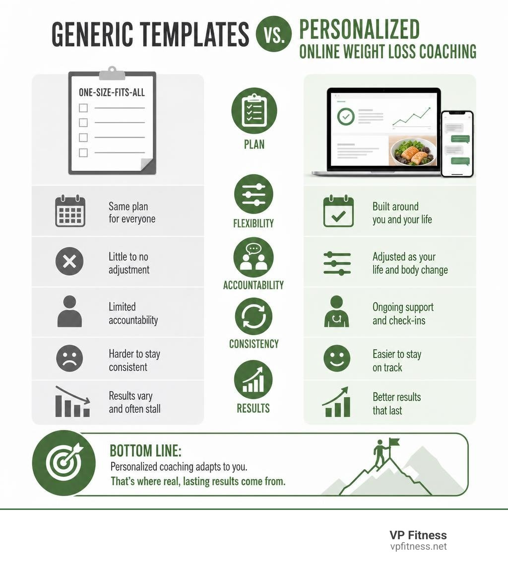 Infographic showing key differences between generic templates and personalized online weight loss coaching infographic Infographic showing key differences between generic templates and personalized online weight loss coaching infographic