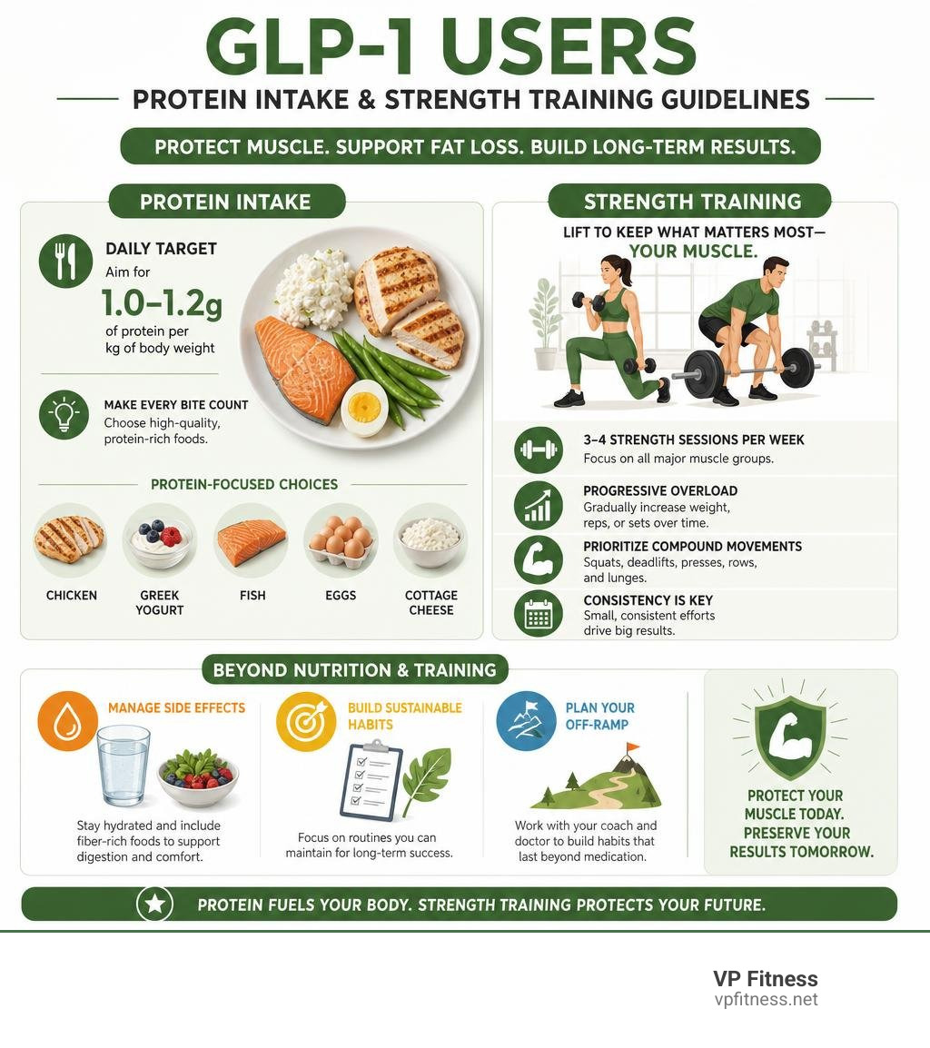 Infographic illustrating protein intake and strength training guidelines for GLP-1 users infographic Infographic illustrating protein intake and strength training guidelines for GLP-1 users infographic