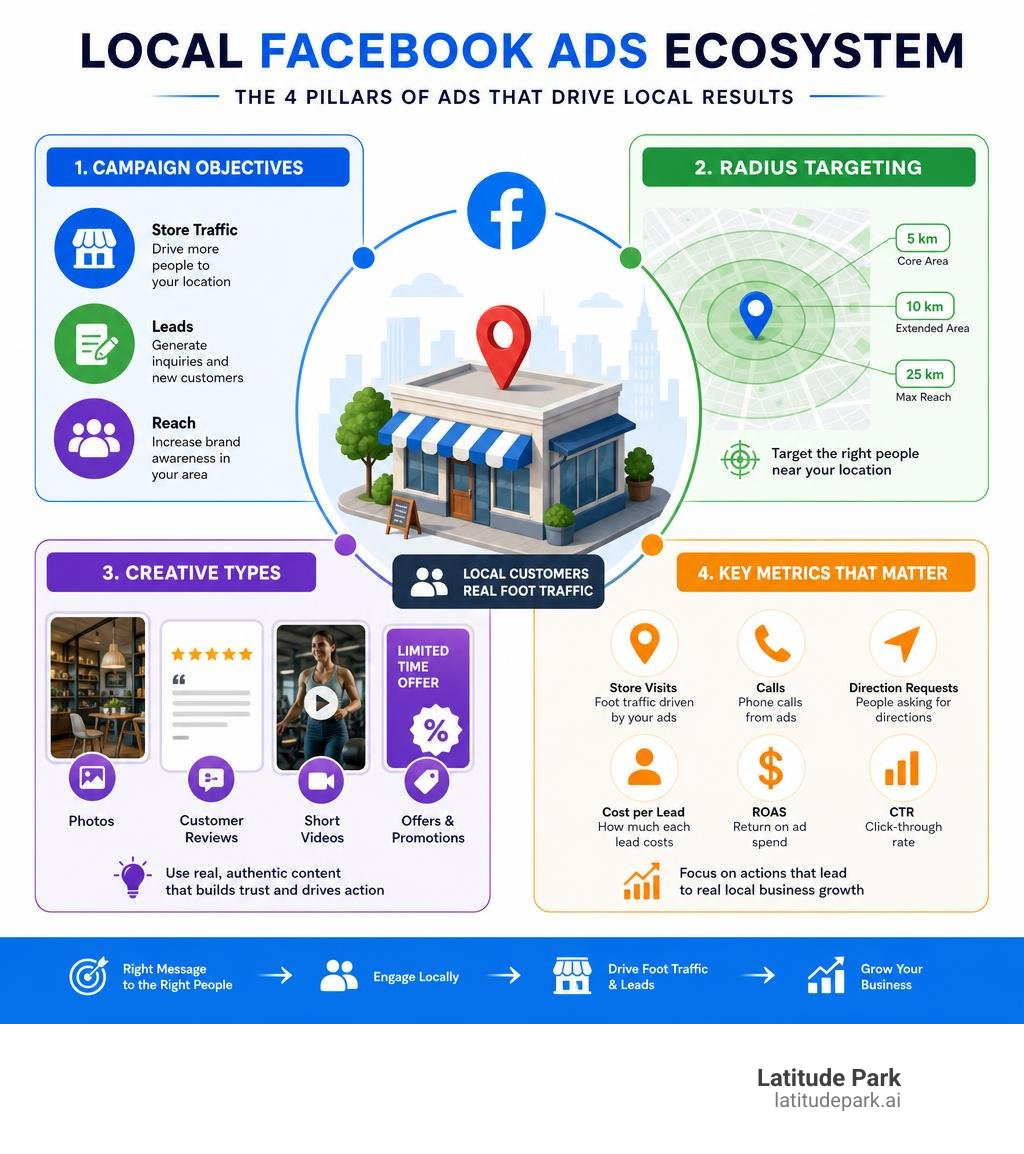 Local Facebook ads ecosystem infographic showing campaign objectives, radius targeting, creative types, and key metrics