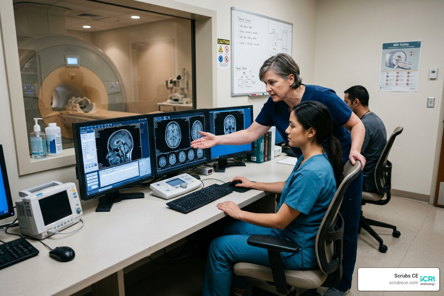 clinical training environment showing instructor guiding student at MRI console clinical training environment showing instructor guiding student at MRI console