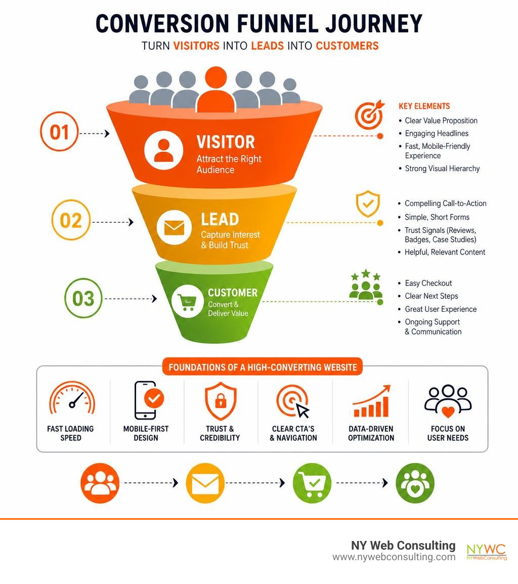 Conversion funnel journey from visitor to lead to customer with key conversion elements infographic Conversion funnel journey from visitor to lead to customer with key conversion elements infographic