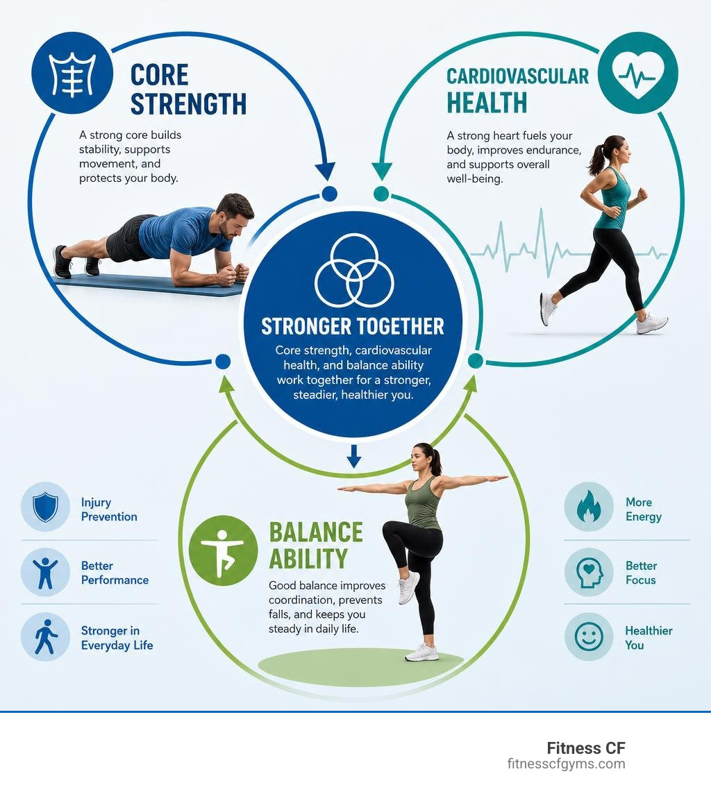 Infographic showing the connection between core strength, cardiovascular health, and balance ability infographic Infographic showing the connection between core strength, cardiovascular health, and balance ability infographic