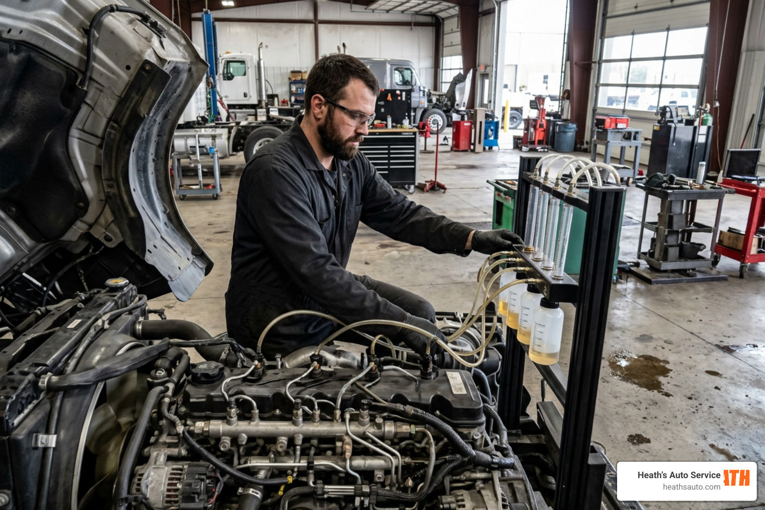 technician performing a leak-off test on a diesel engine technician performing a leak-off test on a diesel engine