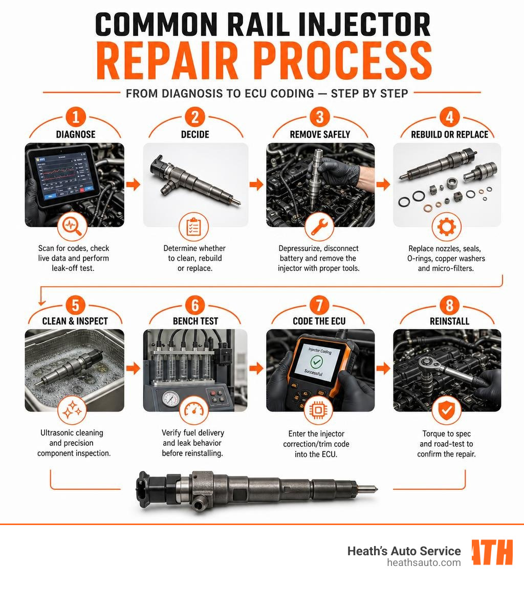 Common rail injector repair process from diagnosis to ECU coding — step-by-step infographic infographic Common rail injector repair process from diagnosis to ECU coding — step-by-step infographic infographic