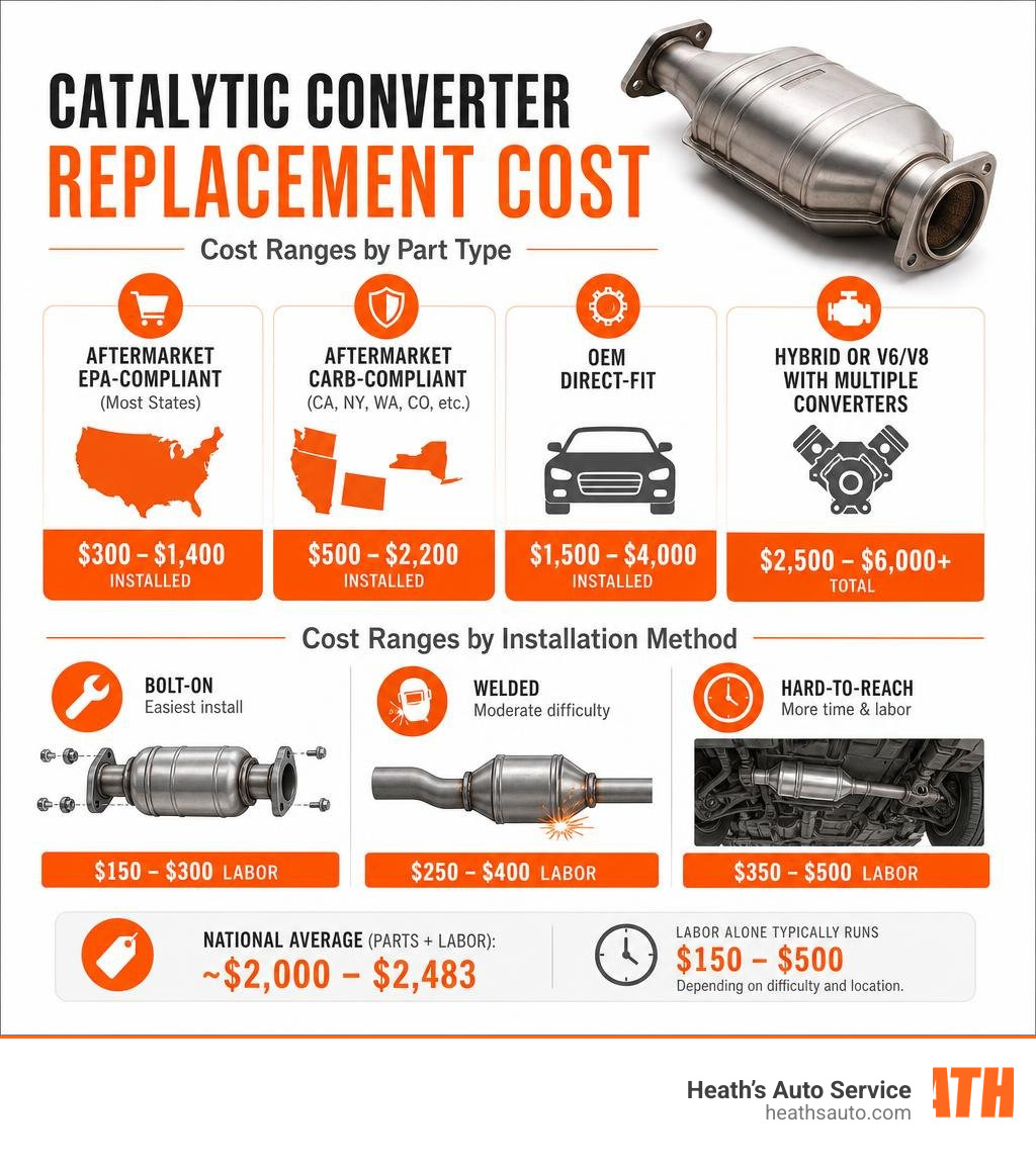 Infographic showing catalytic converter replacement cost ranges by part type and installation method infographic