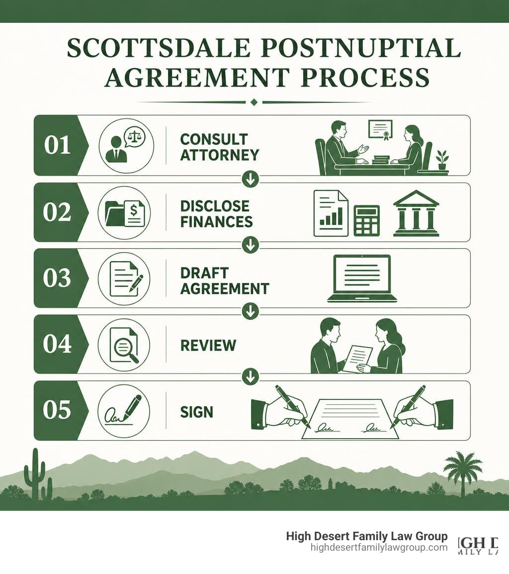 Scottsdale postnuptial agreement process steps infographic: consult attorney, disclose finances, draft agreement, review