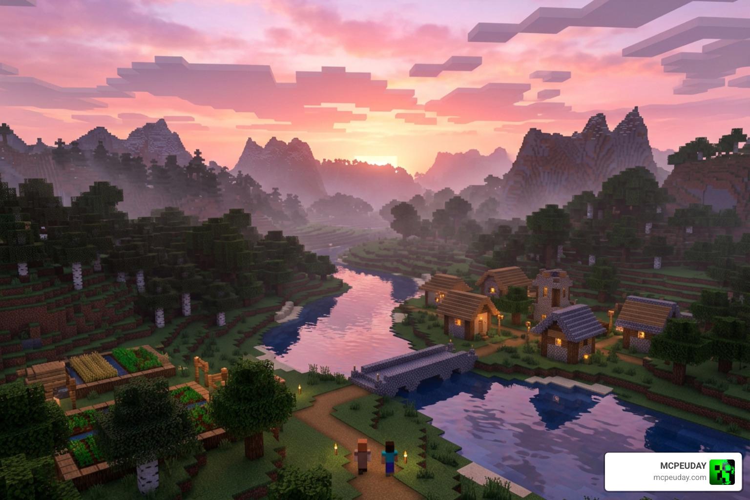 Dreamy sunset in Minecraft showcasing warm lighting and soft pink tones