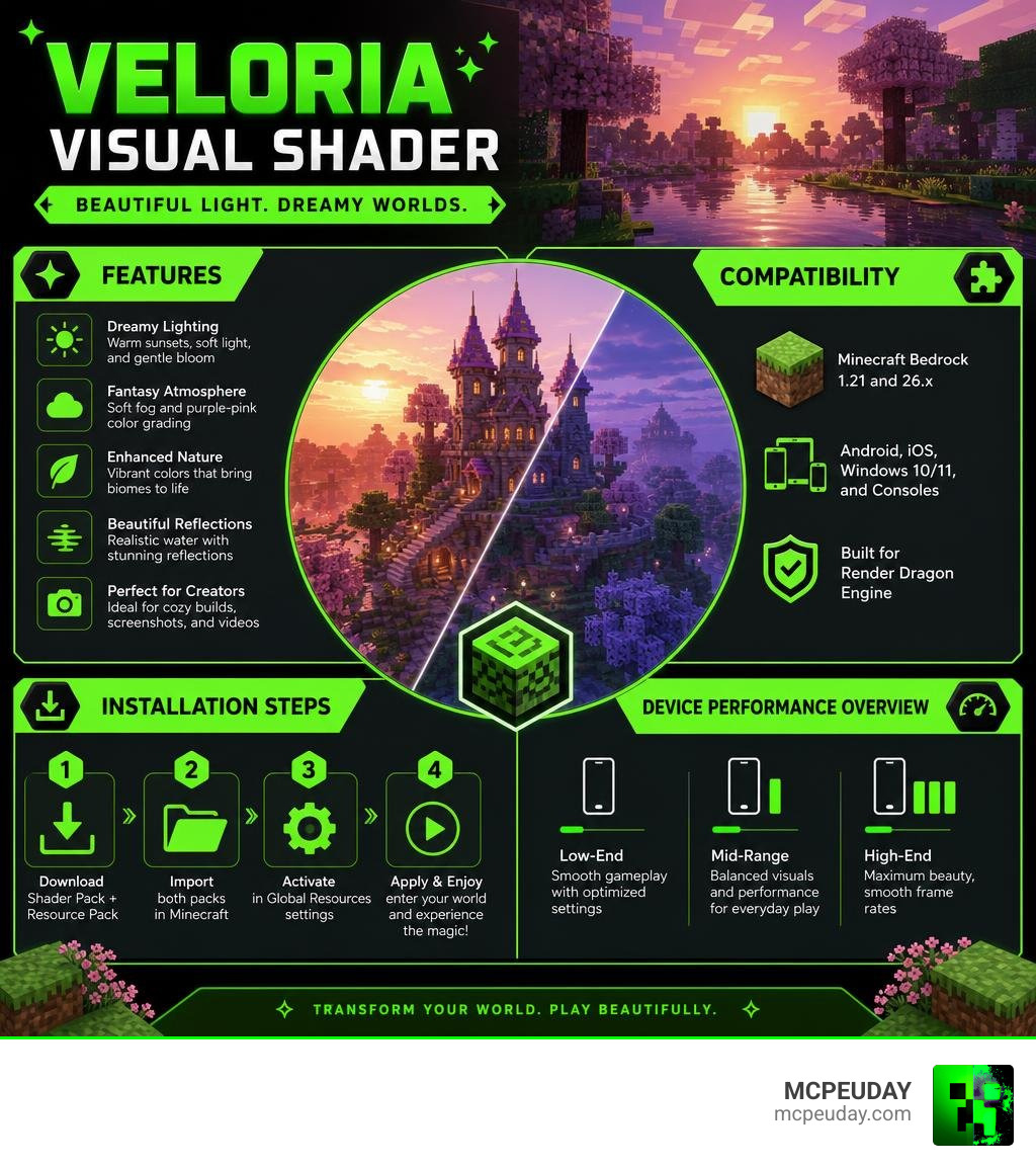Veloria Visual Shader features, compatibility, installation steps, and device performance overview infographic