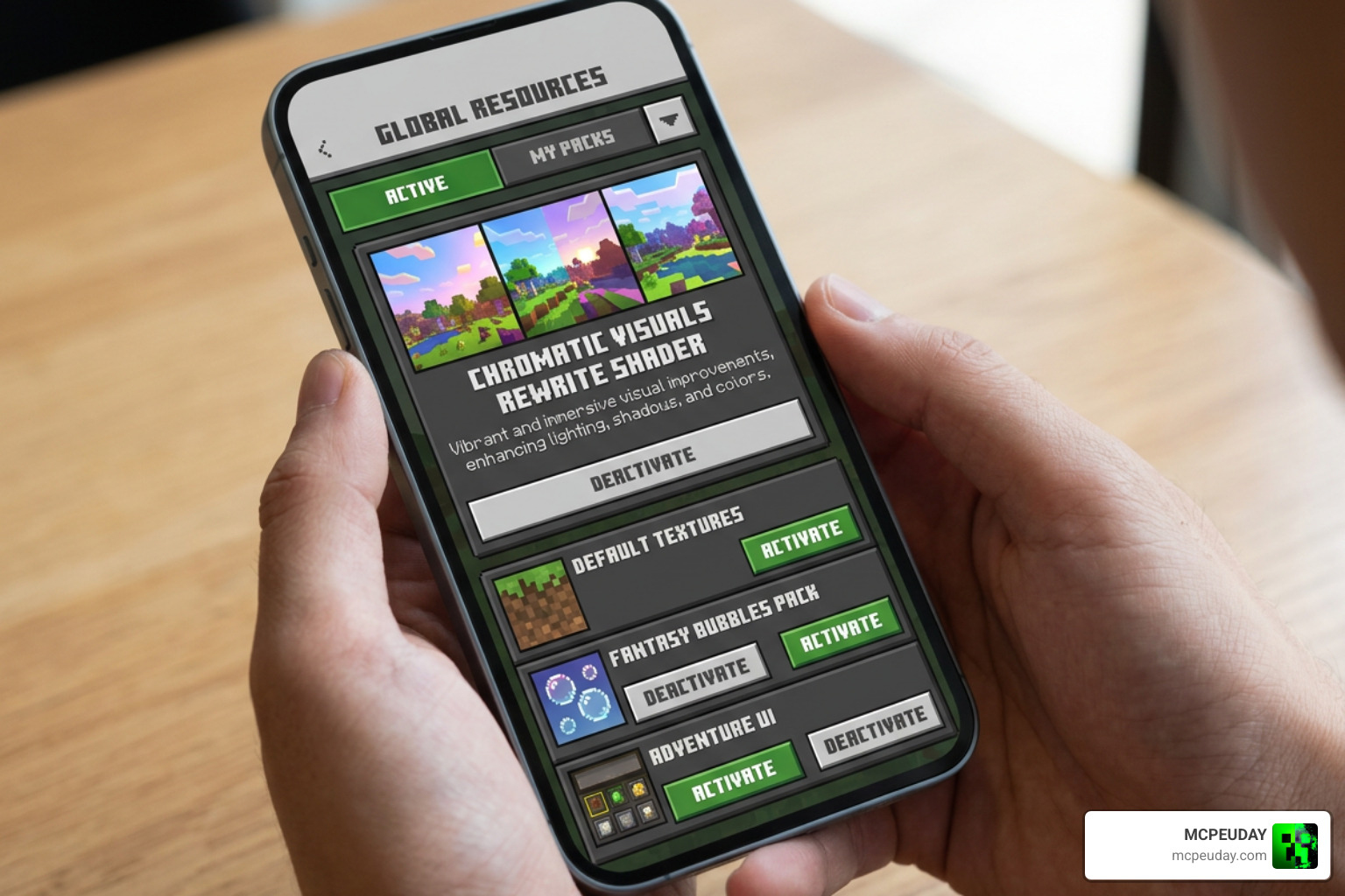 Minecraft global resources settings menu showing the active Chromatic Visuals Rewrite Shader pack