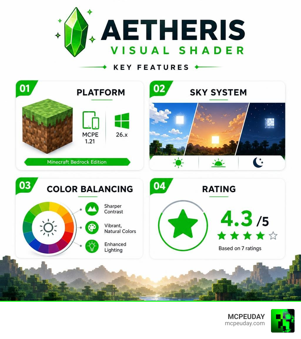 Aetheris Visual Shader key features infographic: platform, sky system, color balancing, rating infographic