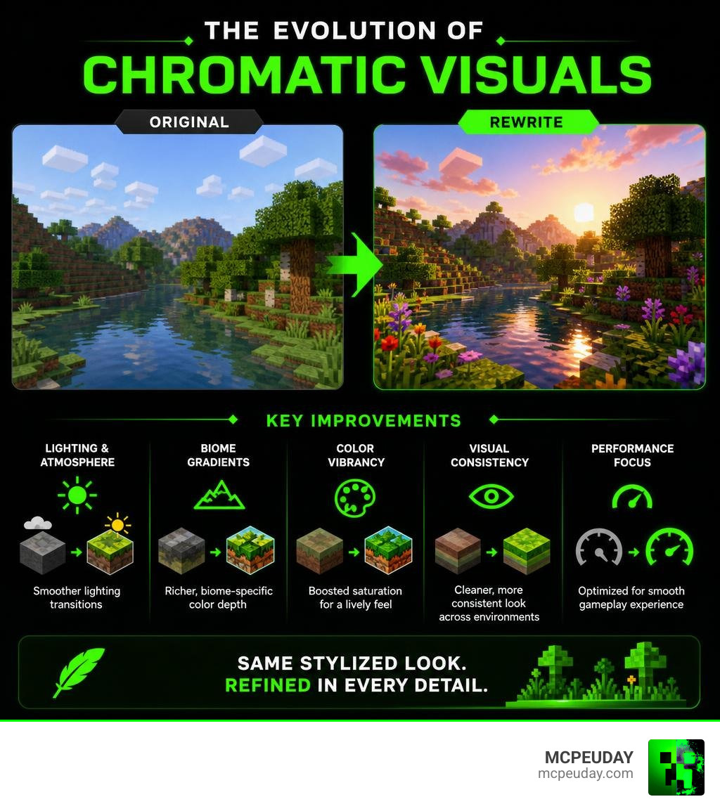 Infographic showing evolution from original Chromatic Visuals shader to Rewrite version with key feature improvements