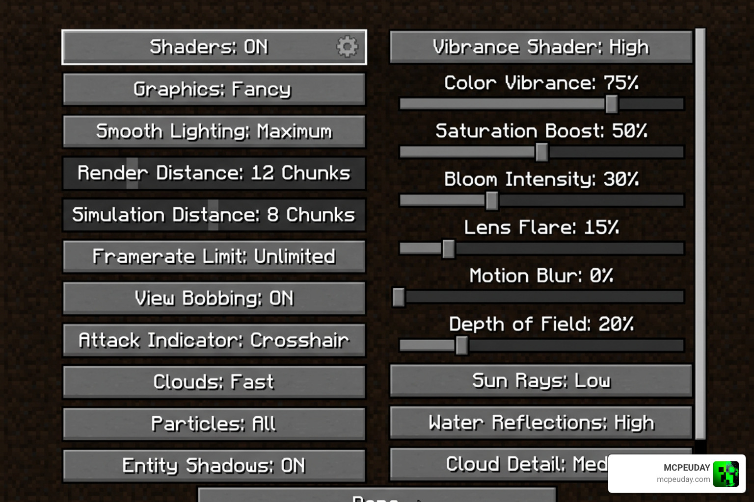 Vibrance Shader settings menu showing graphics configurations inside Minecraft