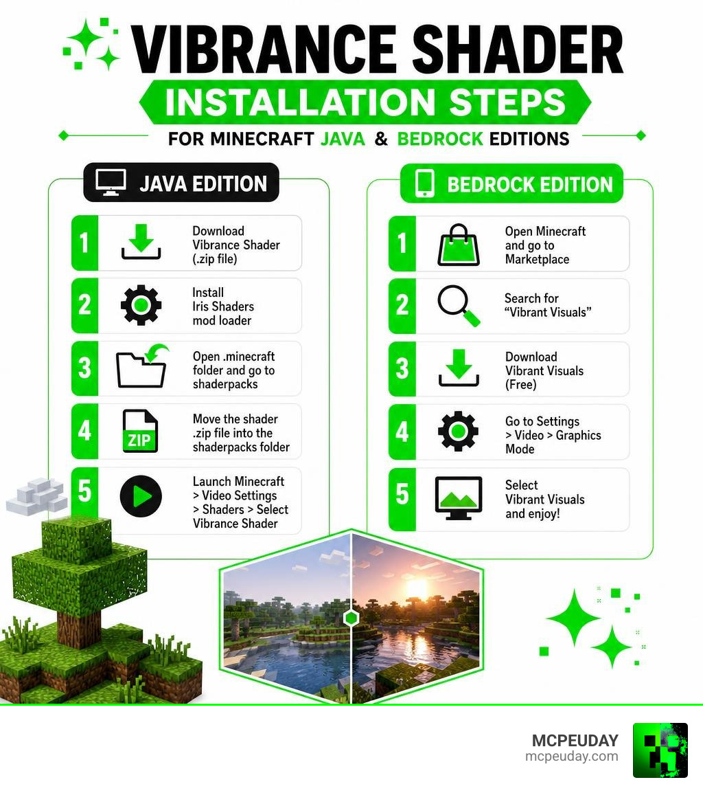 Vibrance Shader installation steps infographic for Minecraft Java and Bedrock editions infographic