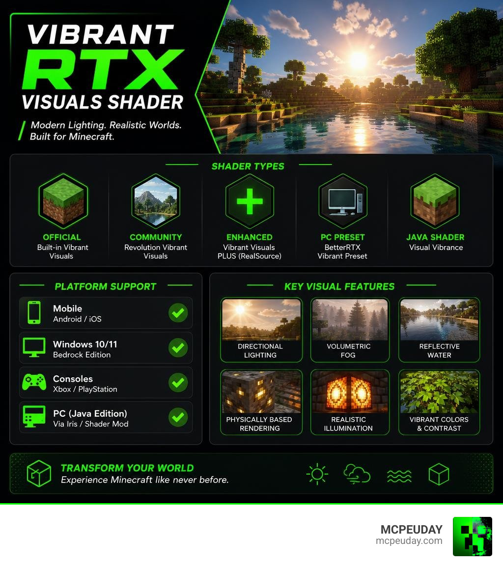 Infographic showing Vibrant RTX Visuals Shader types, platform support, and key visual features infographic