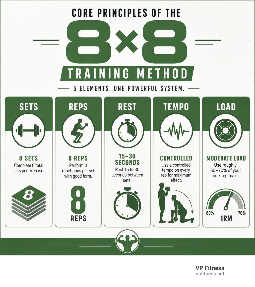 Core principles of the 8x8 training method: sets, reps, rest, tempo, and load infographic infographic