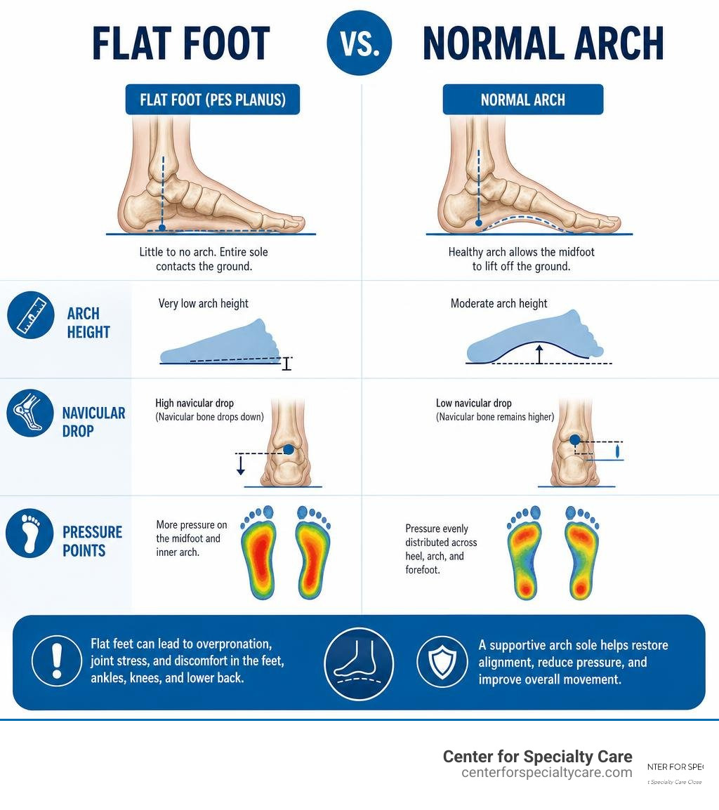 flat foot vs normal arch anatomy infographic showing arch height, navicular drop, and pressure points infographic