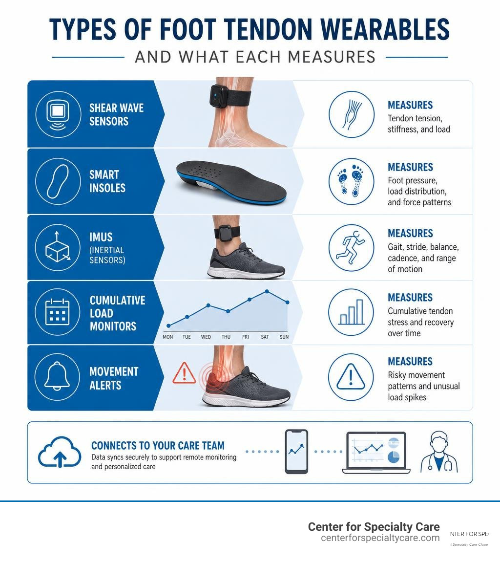 Infographic showing types of foot tendon wearables and what each measures infographic Infographic showing types of foot tendon wearables and what each measures infographic