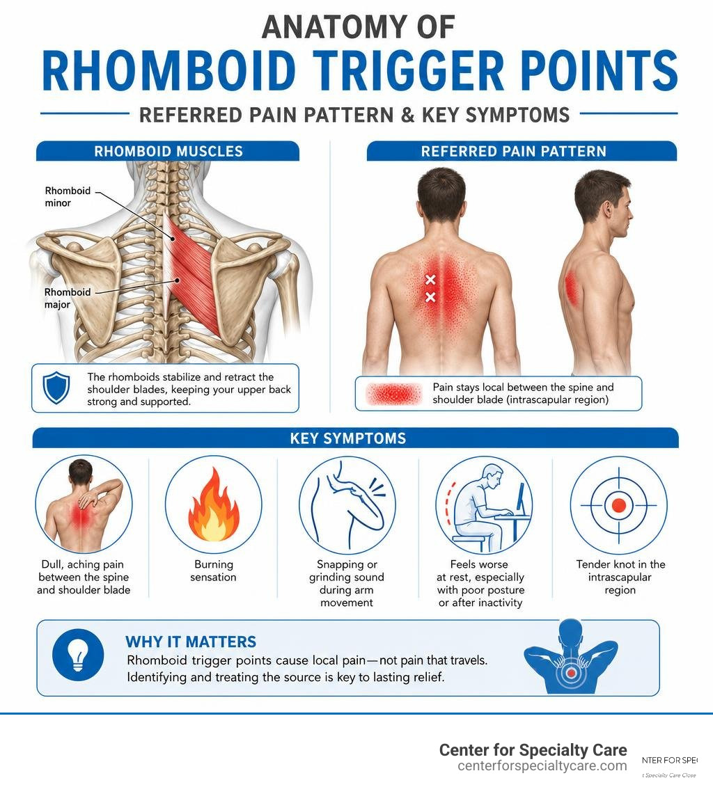 Anatomy of rhomboid trigger points with referred pain pattern and key symptoms infographic