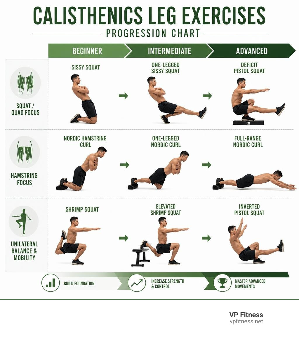 Progression chart of calisthenics leg exercises from beginner to advanced level infographic Progression chart of calisthenics leg exercises from beginner to advanced level infographic