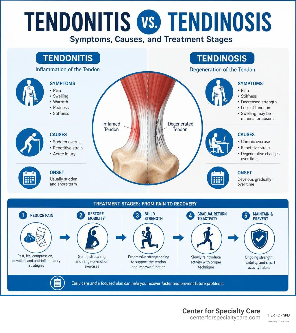 Tendonitis vs tendinosis: symptoms, causes, and treatment stages infographic infographic Tendonitis vs tendinosis: symptoms, causes, and treatment stages infographic infographic