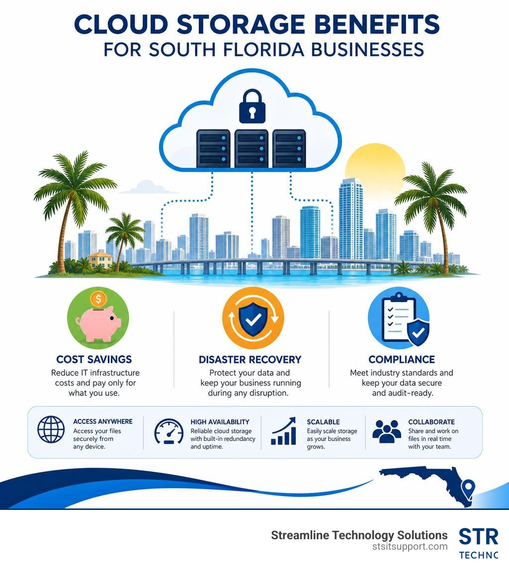 infographic showing cloud storage benefits for South Florida businesses including cost savings, disaster recovery, and infographic showing cloud storage benefits for South Florida businesses including cost savings, disaster recovery, and