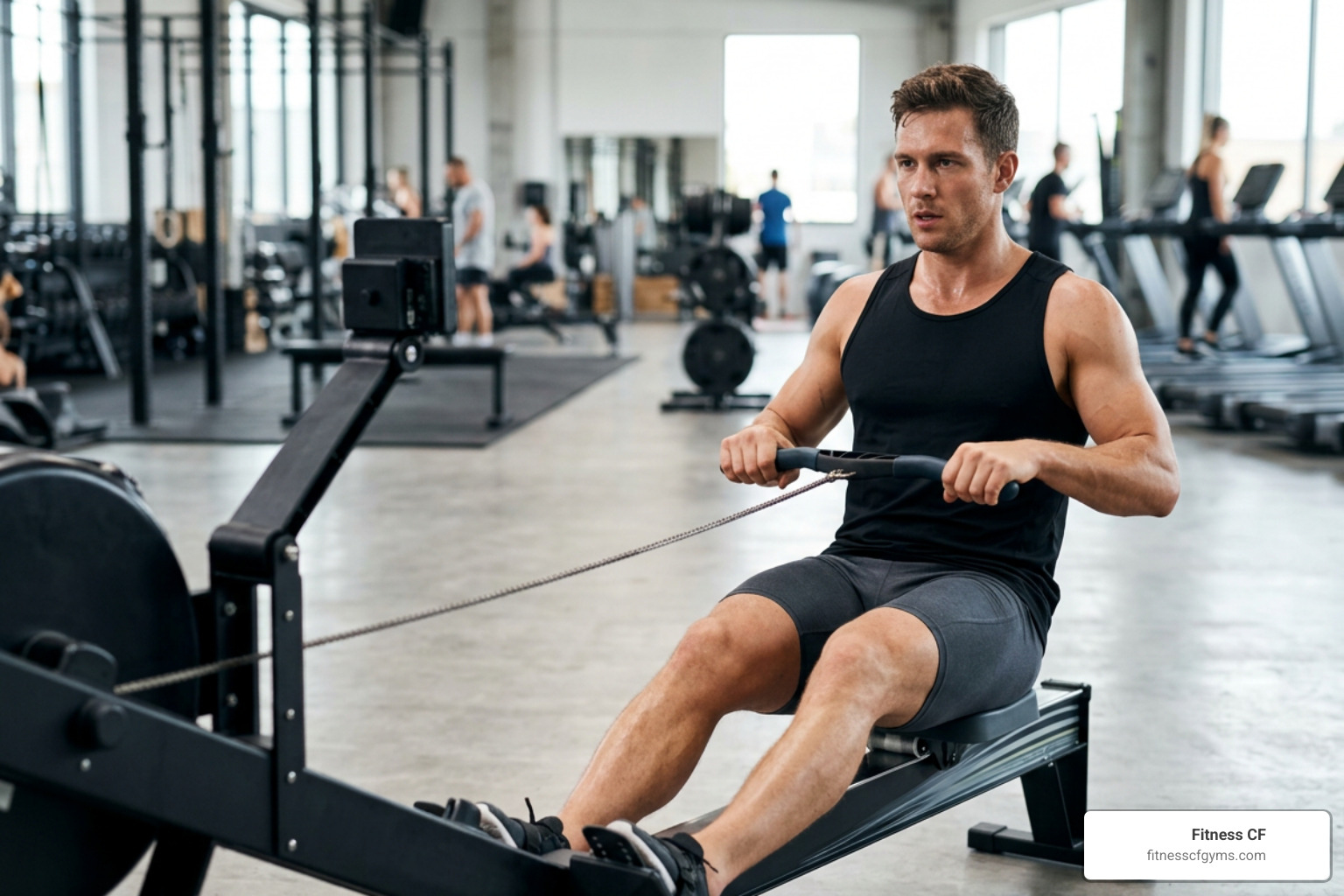 Male athlete doing high-intensity interval training on a rowing machine