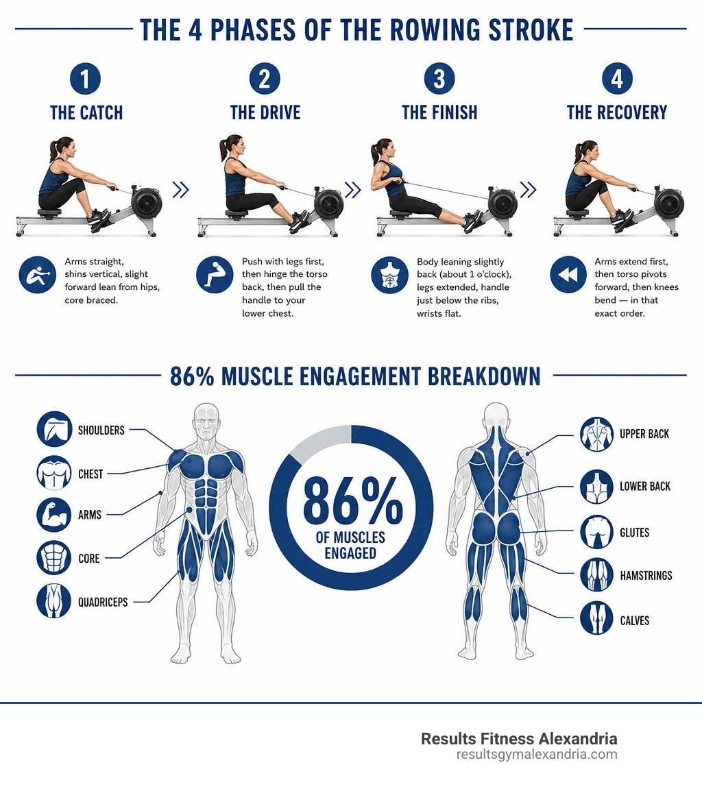 Infographic showing the 4 phases of rowing stroke and 86% muscle engagement breakdown infographic Infographic showing the 4 phases of rowing stroke and 86% muscle engagement breakdown infographic