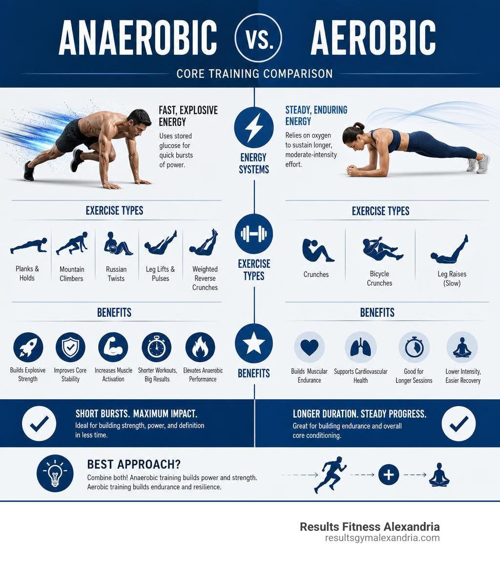 Anaerobic vs aerobic core training comparison infographic showing energy systems, exercise types, and benefits infographic