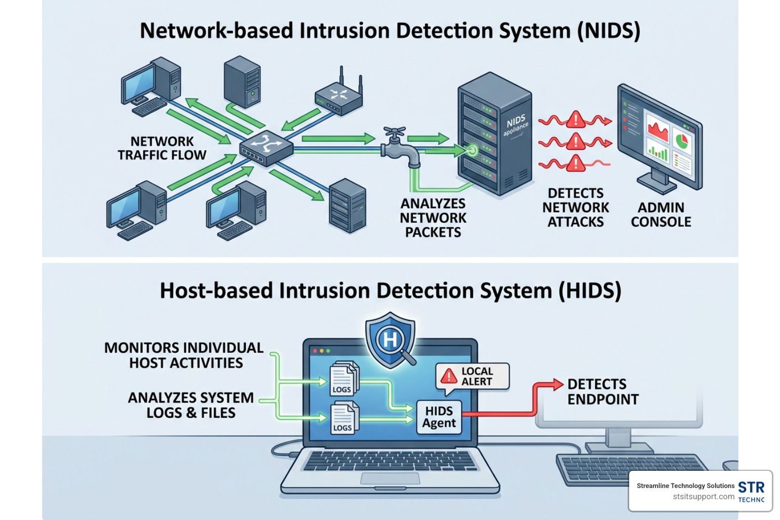 Diagram comparing NIDS monitoring network traffic vs HIDS monitoring individual device logs