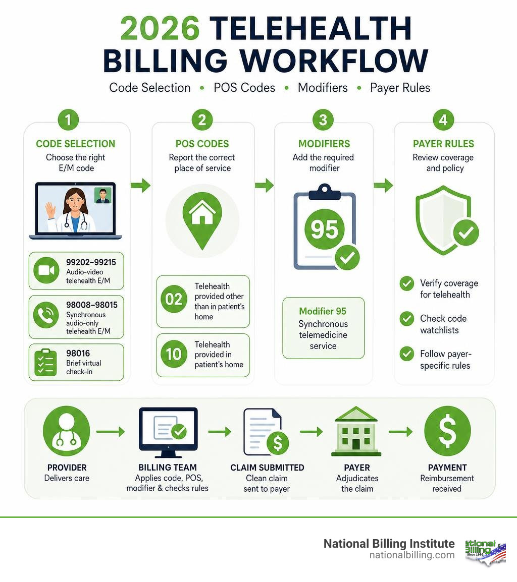 2026 telehealth billing workflow showing code selection, POS codes, modifiers, and payer rules infographic