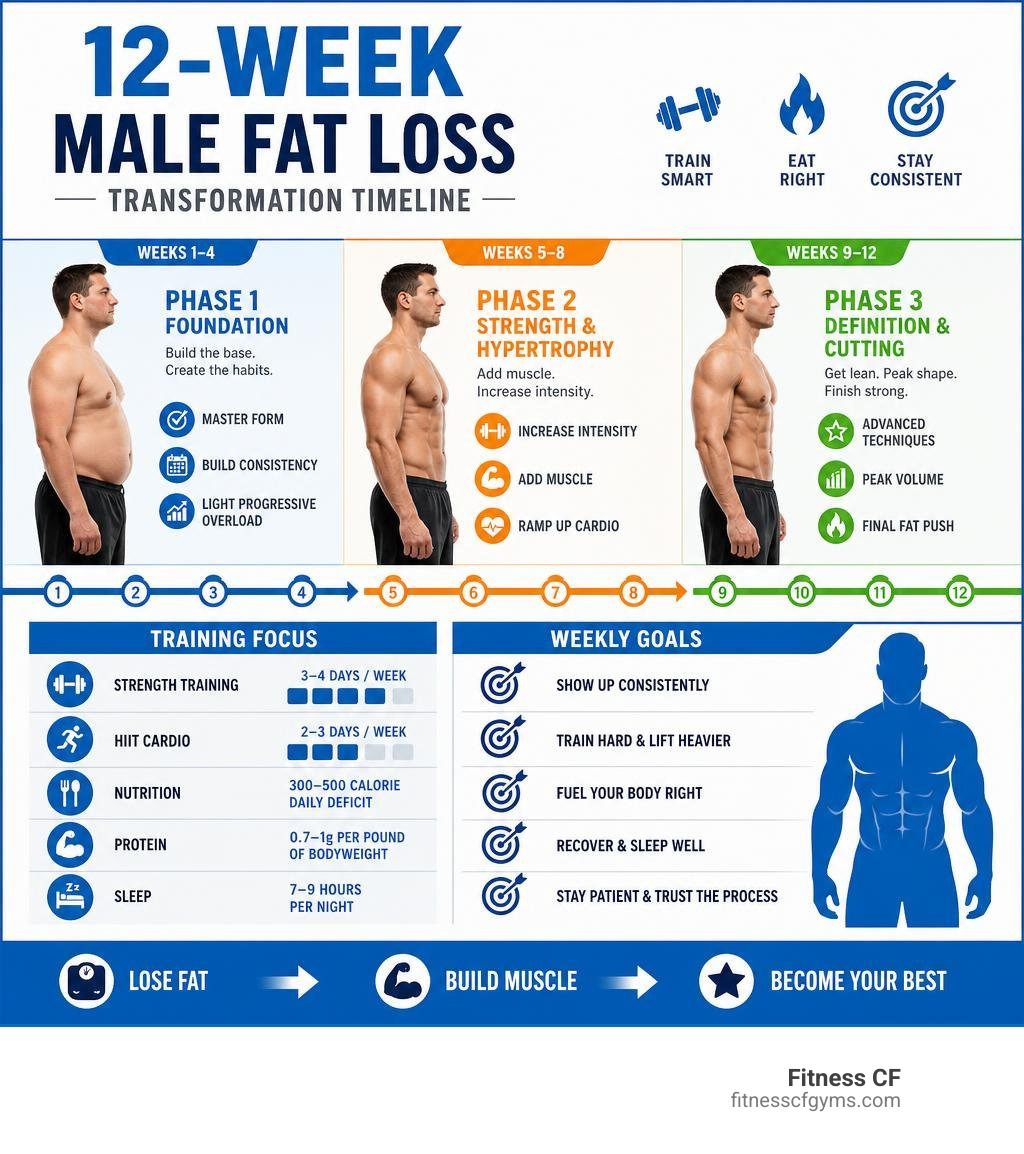 12-week male fat loss transformation timeline with phases, training focus, and weekly goals infographic