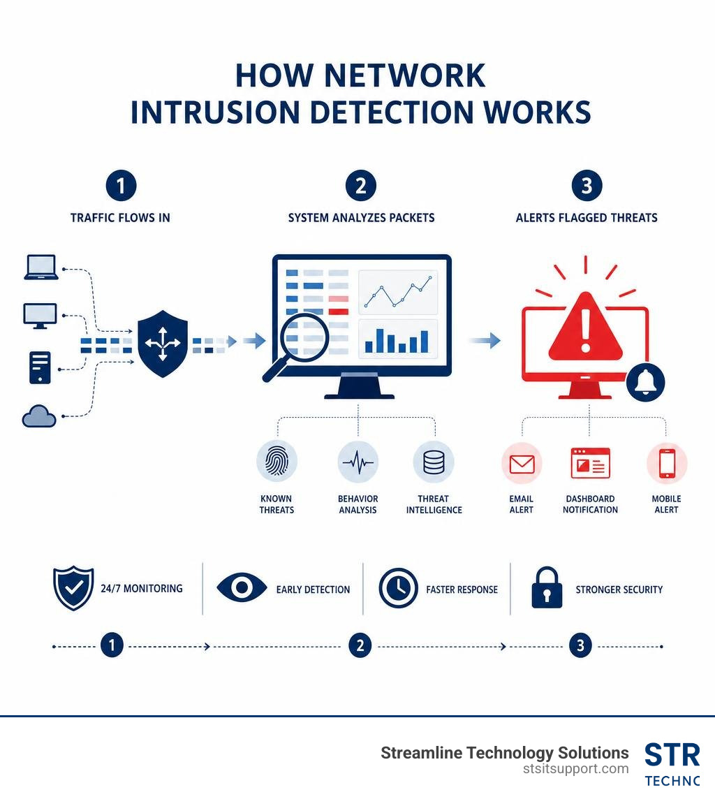 Infographic showing how network intrusion detection works: traffic flows in, system analyzes packets, alerts flagged threats
