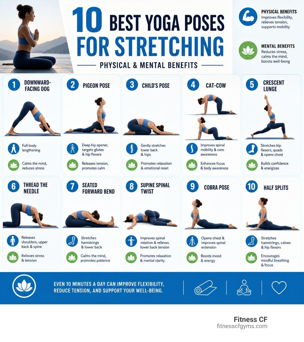 Infographic showing top yoga poses for stretching and their physical and mental benefits infographic