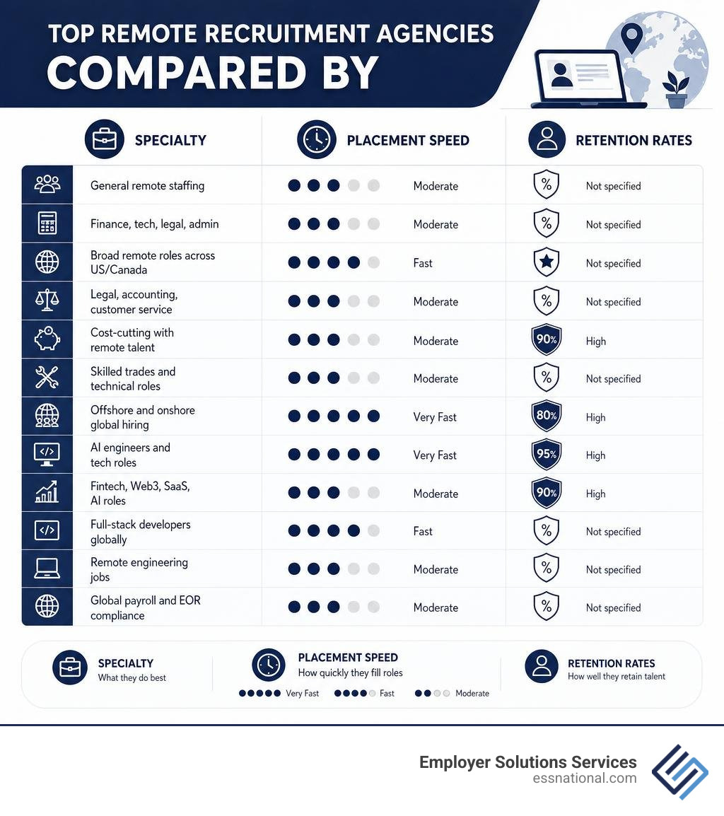 Top remote recruitment agencies compared by specialty, placement speed, and retention rates infographic
