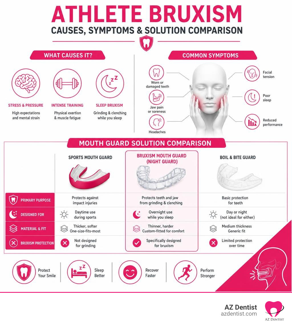 Infographic showing athlete bruxism causes, symptoms, and mouth guard solution comparison infographic Infographic showing athlete bruxism causes, symptoms, and mouth guard solution comparison infographic