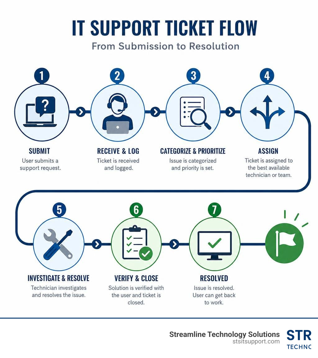 Infographic showing the flow of an IT support ticket from submission to resolution infographic