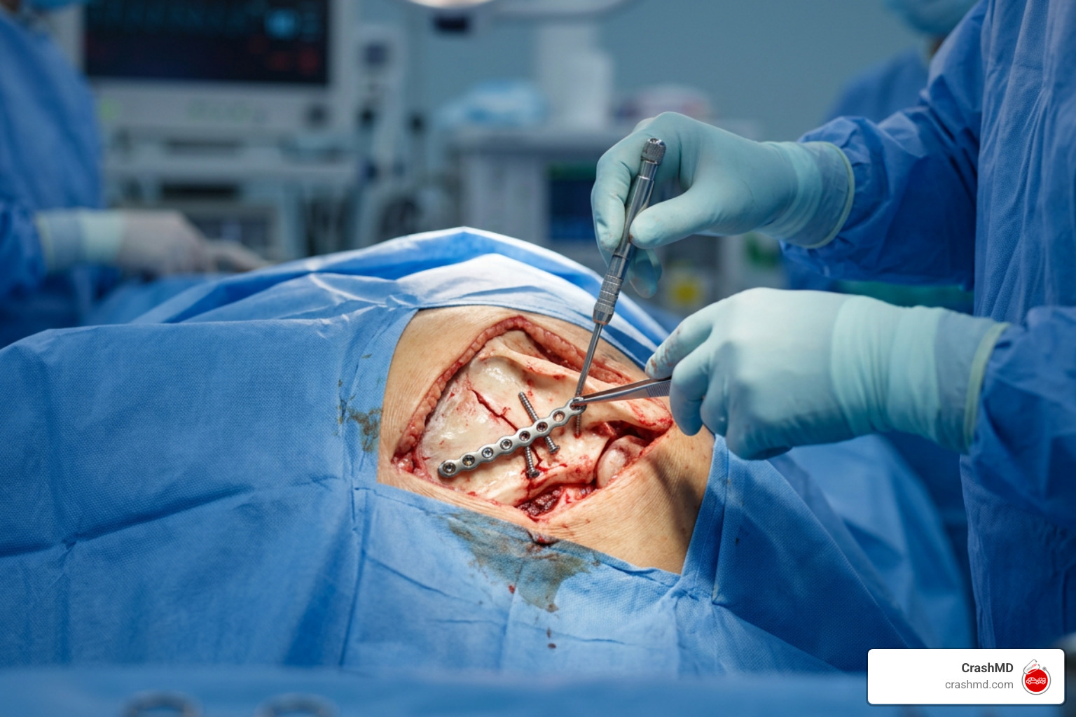 Surgical fixation of a scapular fracture with plates and screws