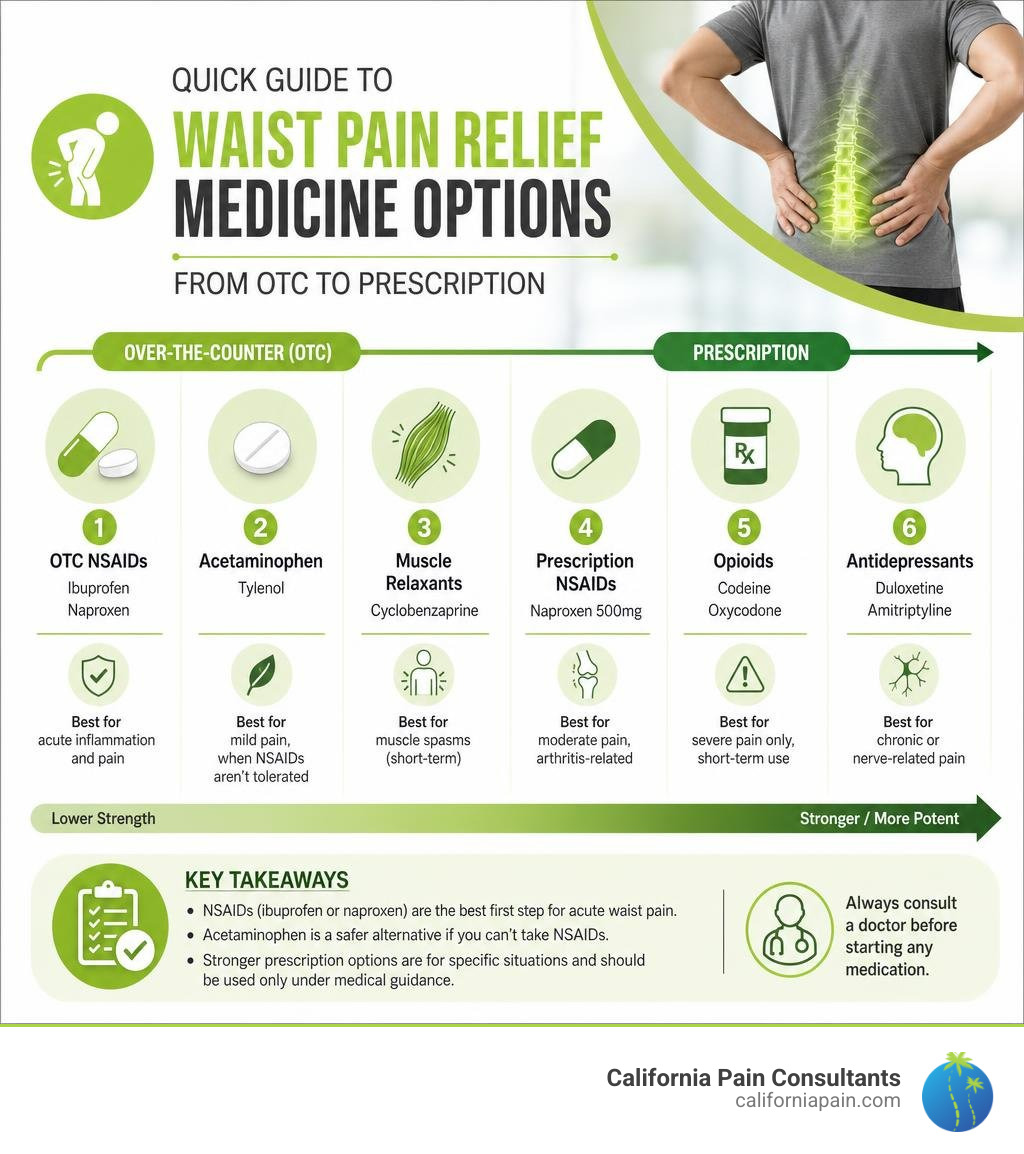 quick guide to waist pain relief medicine options from OTC to prescription infographic quick guide to waist pain relief medicine options from OTC to prescription infographic